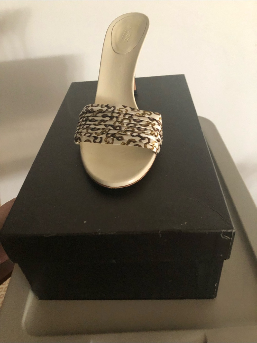 Women's Beige Gucci Slide Sandal with Patterned Strap
